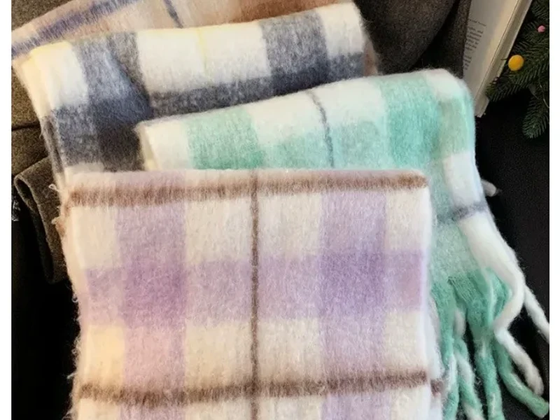 Cozy Knit Beanie Hat & Plaid Scarf  - Style #SCARVES-073