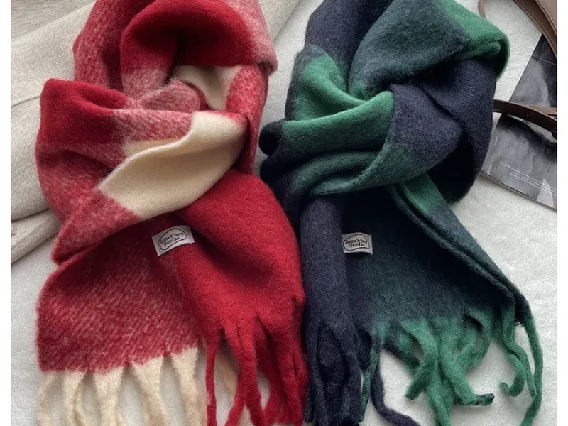 Cozy Knit Beanie Hat & Plaid Scarf  - Style #SCARVES-075